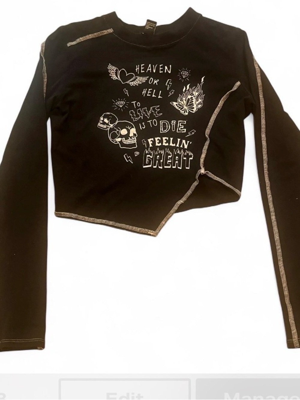 Forever 21 Black Long Sleeve Cropped Graphic Tee biker grunge
